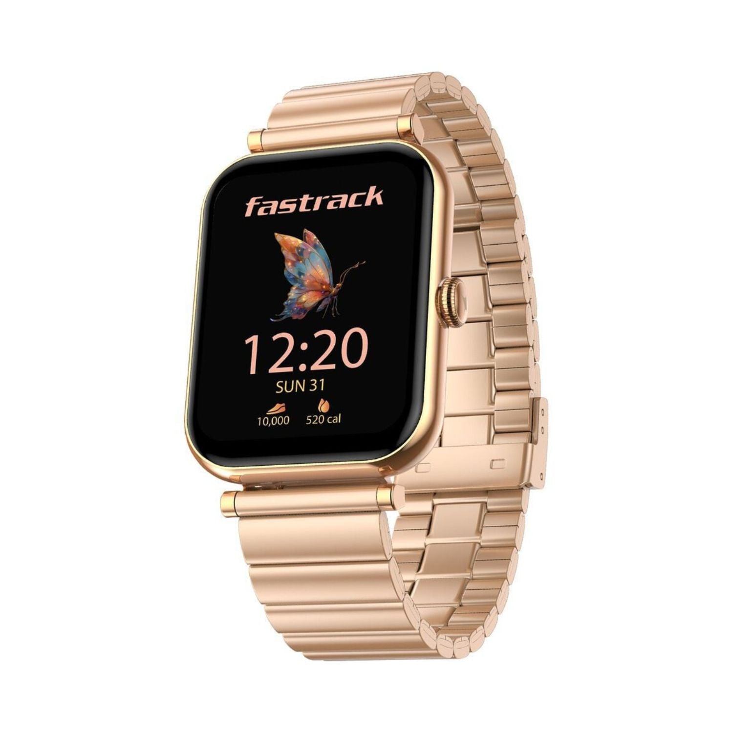 Women’s smartwatch with AMOLED display, rose-gold metal link band, square case.